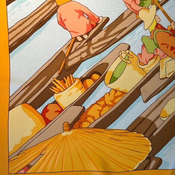 Hermes Silk "Marche Flottant Du Lac Inle II" Scarf Tangerine Color w Blue - Picture 5 of 16